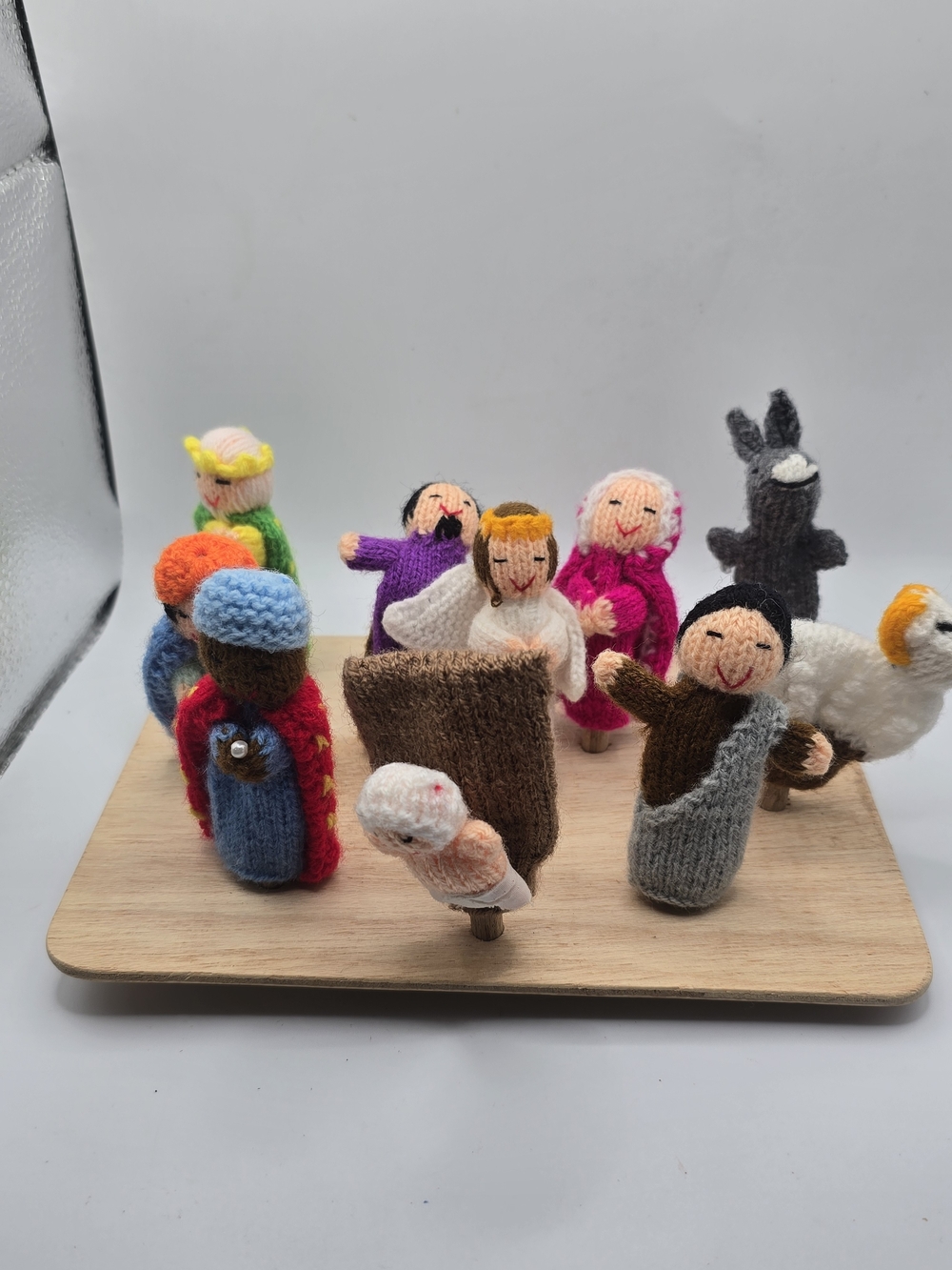Hand Knit Crocheted Alpaca Wool Nativity Finger Puppets Set Mary Joseph Angel
